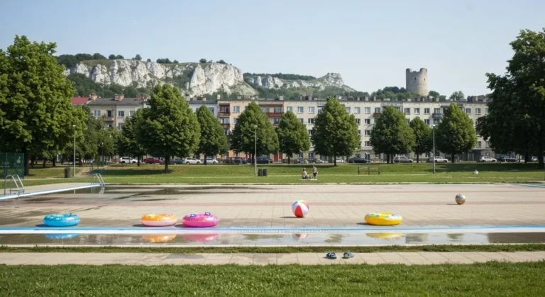 Letnie kapielisko z kolorowymi kolami do plywania w Czestochowie, w tle park i wapienne wzgorza Jury z ruinami zamku