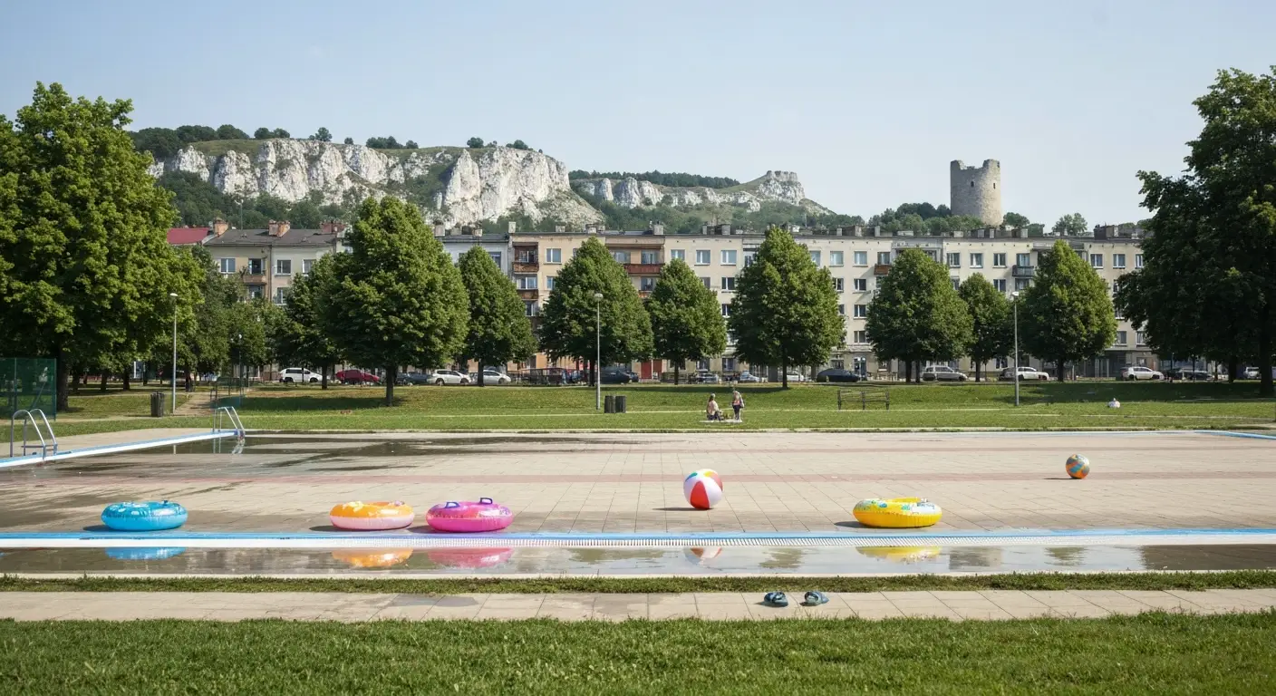 Letnie kapielisko z kolorowymi kolami do plywania w Czestochowie, w tle park i wapienne wzgorza Jury z ruinami zamku
