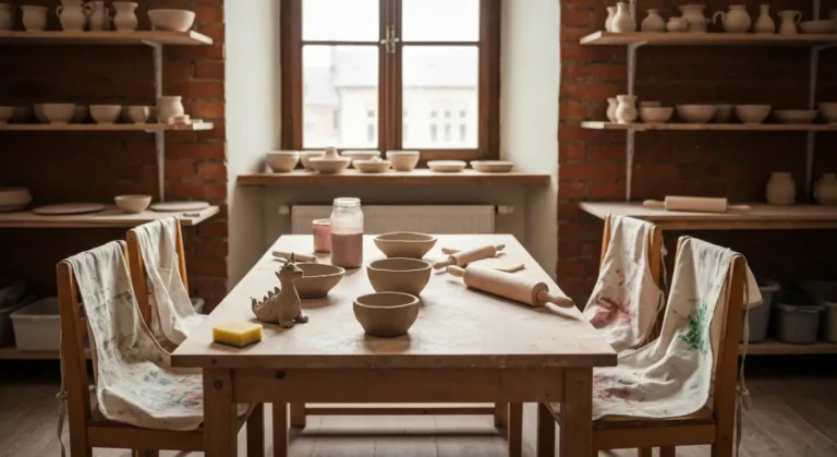 Drewniany stol w pracowni ceramicznej dla dzieci w Czestochowie z glinianymi miskami, farbami i fartuchami