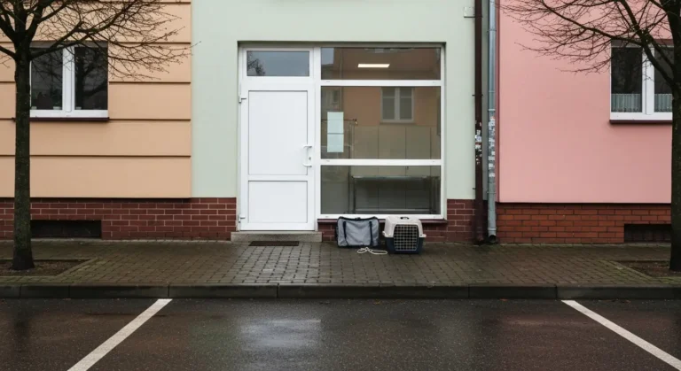 Wejscie do lecznicy weterynaryjnej przy czestochowskiej kamienicy w niedzielny poranek, transporter i smycz przy drzwiac