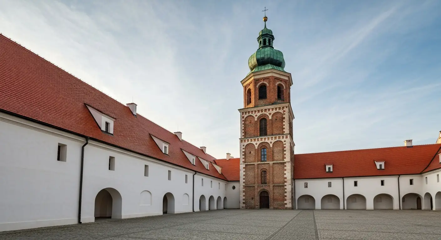 Barokowa wieza klasztoru na Jasnej Gorze w Czestochowie widziana z dziedzinca w porannym swietle