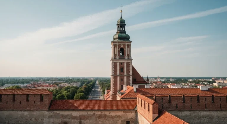 Barokowa wieza klasztoru na Jasnej Gorze w Czestochowie widziana zza murow obronnych, w tle panorama miasta