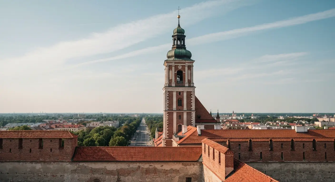 Barokowa wieza klasztoru na Jasnej Gorze w Czestochowie widziana zza murow obronnych, w tle panorama miasta
