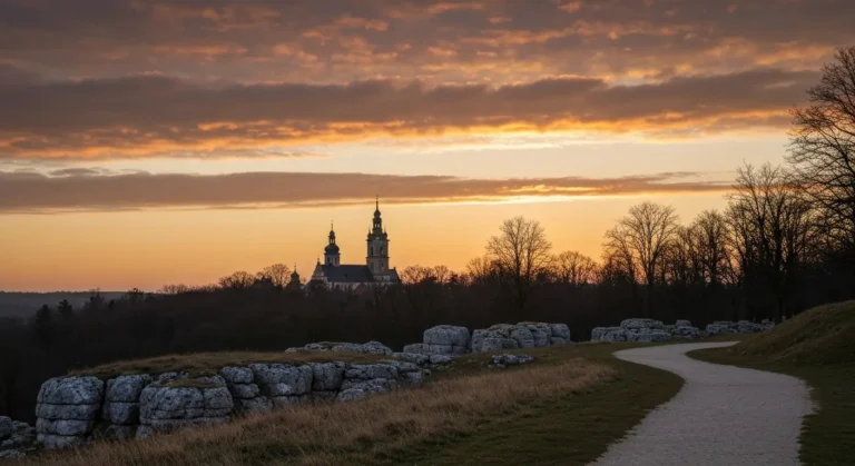 Zachod slonca nad Czestochowa - sylwetka wiezy Jasnej Gory nad drzewami i skalki jurajskie na pierwszym planie
