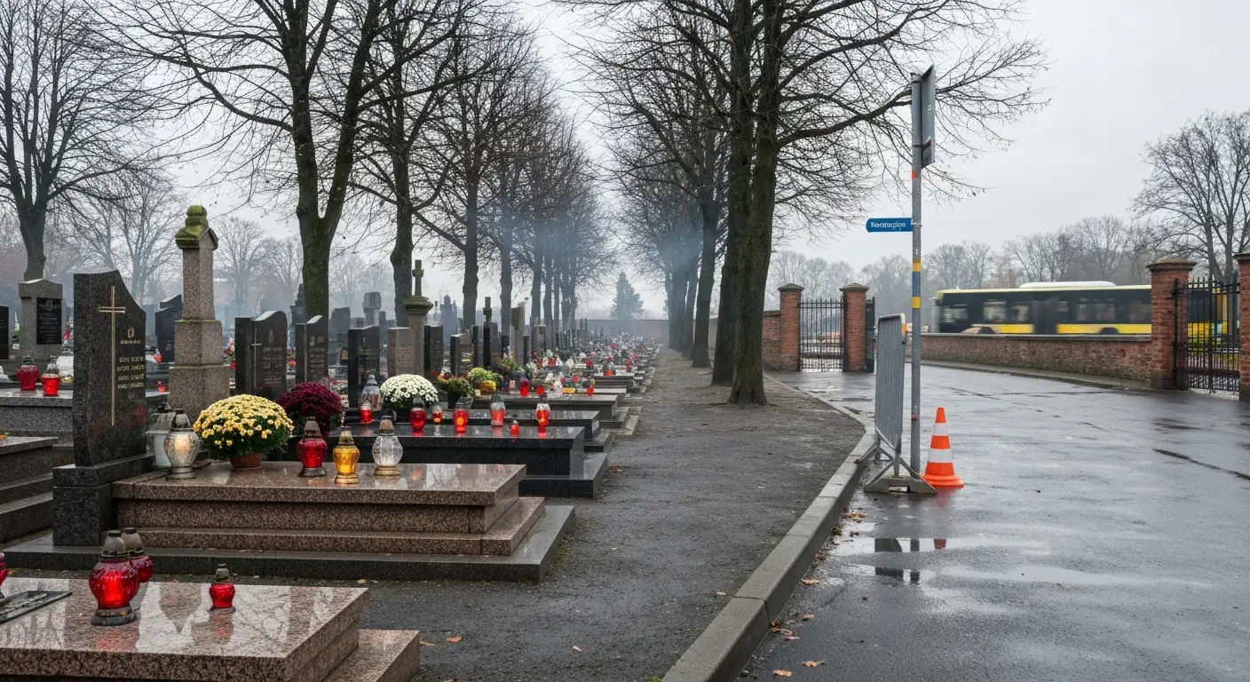 Cmentarz w Czestochowie przed 1 listopada - znicze na grobach, brama i droga dojazdowa z przystankiem autobusowym