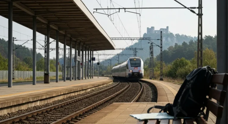Peron dworca kolejowego w Czestochowie z pociagiem regionalnym, w tle jurajskie wzgorza i ruiny zamku