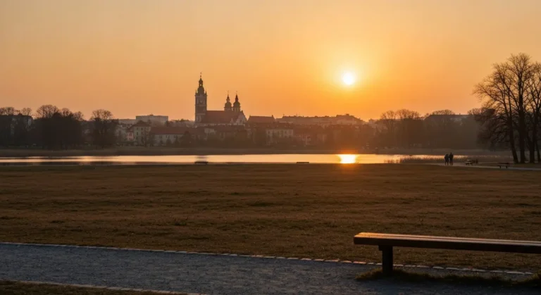 Zachod slonca nad Czestochowa - panorama z wieza Jasnej Gory widziana znad parkowego stawu