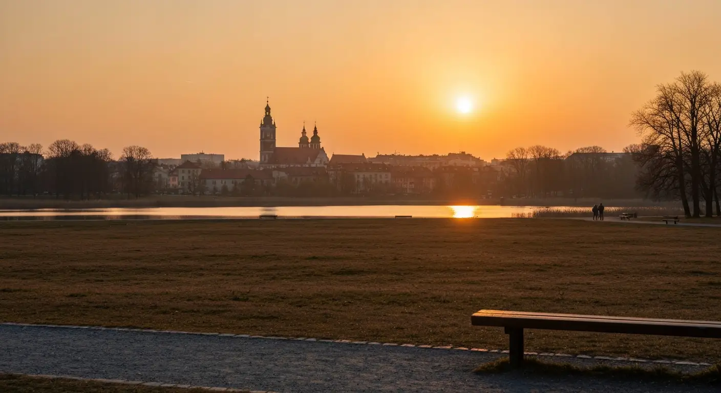 Zachod slonca nad Czestochowa - panorama z wieza Jasnej Gory widziana znad parkowego stawu