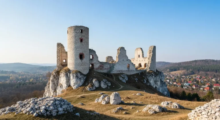 Ruiny zamku w Olsztynie kolo Czestochowy na wapiennej skale Jury, w tle zalesione wzgorza