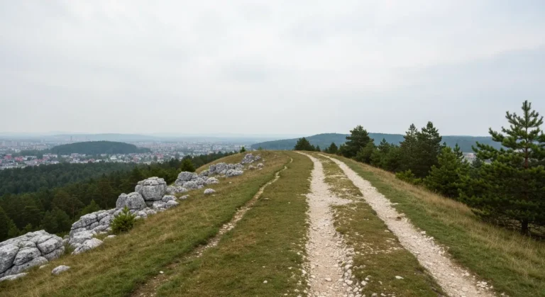 Gruntowa sciezka na wzniesieniu Zlota Gora w Czestochowie z widokiem na miasto i wapienne skalki Jury