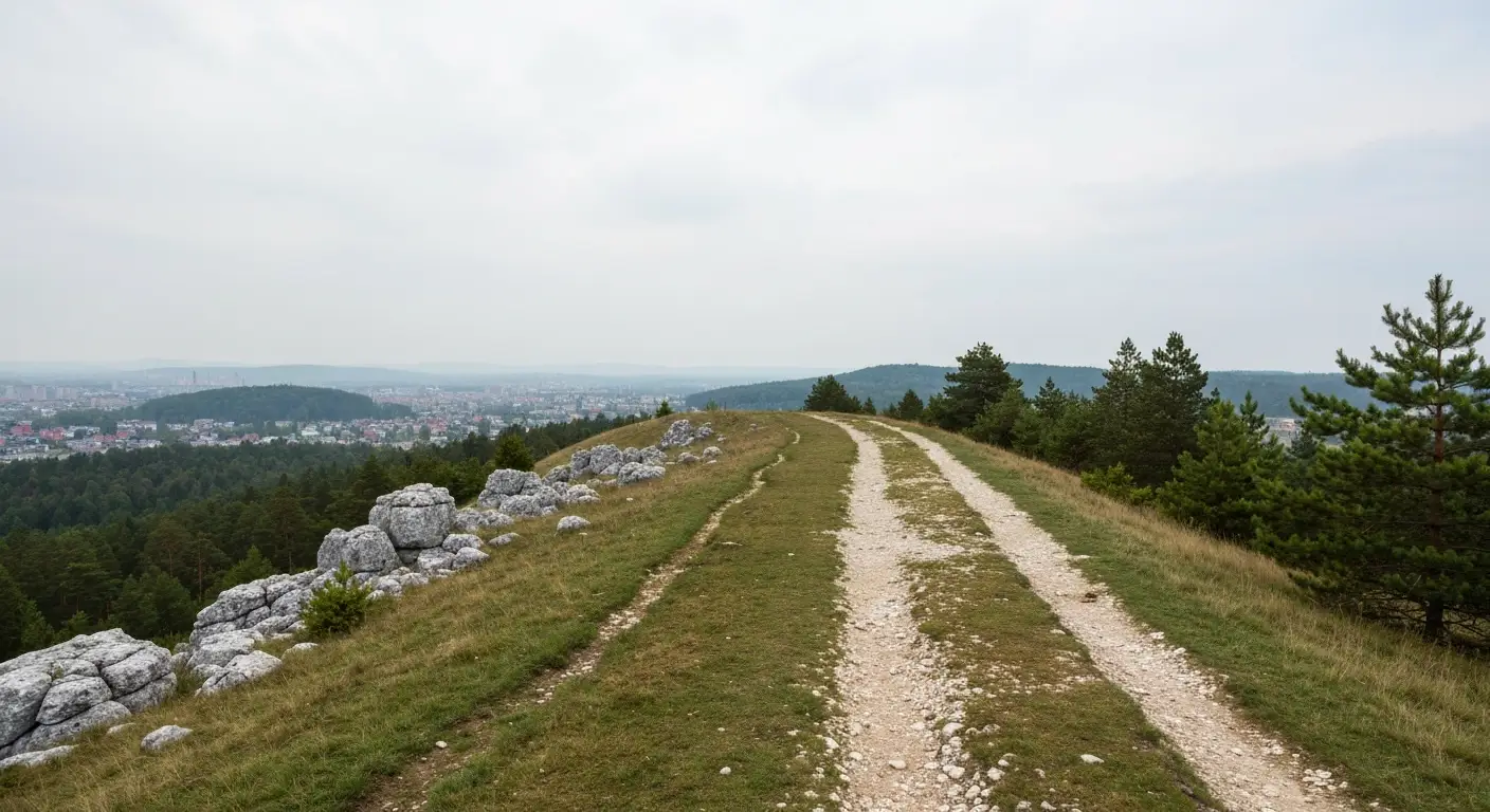 Gruntowa sciezka na wzniesieniu Zlota Gora w Czestochowie z widokiem na miasto i wapienne skalki Jury
