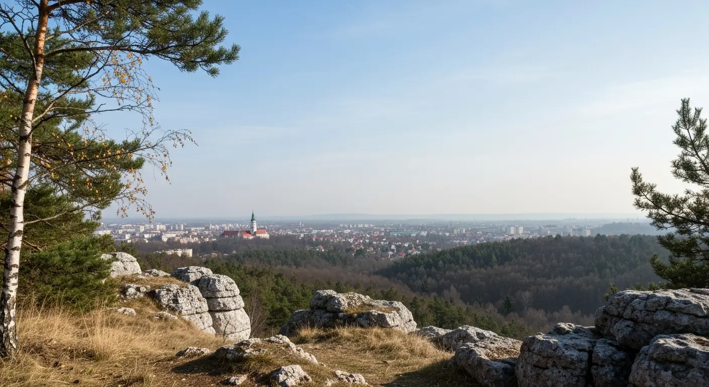 Widok ze wzgorza pod Czestochowa - skalki i drzewa na pierwszym planie, panorama miasta z wieza na horyzoncie