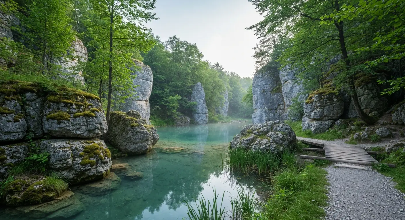 Zrodliska i staw na rzece Wiercicy w Zlotym Potoku, wapienne skaly i drewniana kladka wsrod jurajskiej zieleni