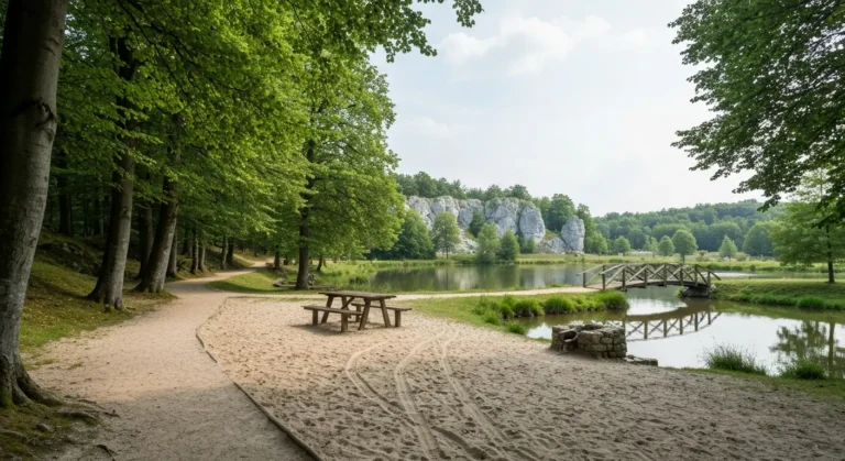 Latwa parkowa sciezka w Zlotym Potoku prowadzaca nad staw, drewniany mostek i stol piknikowy wsrod drzew