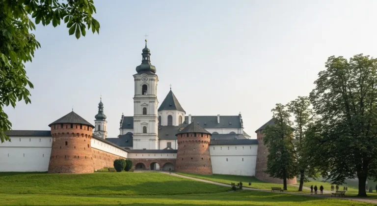 Wieza i mury klasztoru na Jasnej Gorze w Czestochowie widziane od strony parku w porannym swietle